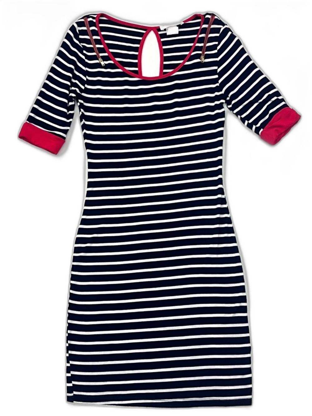 A’Gaci Women’s Striped Navy & White Bodycon Dress wRed Trim & Gold Zipper Detail